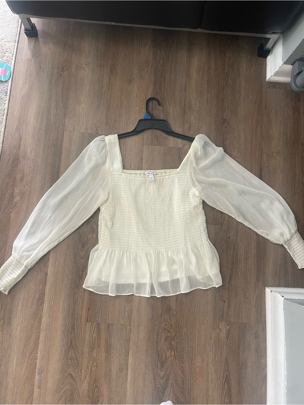 Nine West Cream Smocked Square-Neck Blouse with Puff Sleeves